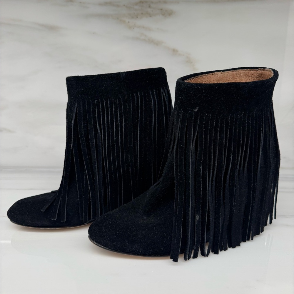 Koolaburra Black Suede Fringe Wedge Ankle Boots